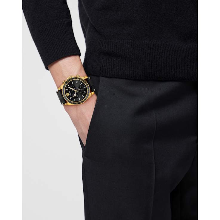 Greca Chrono Wave Black Dial Leather Strap Watch
