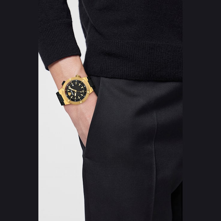 Greca Logo Mens Watch IP Yellow Gold Case Black Guilloché Dial Recycled
PU Strap
