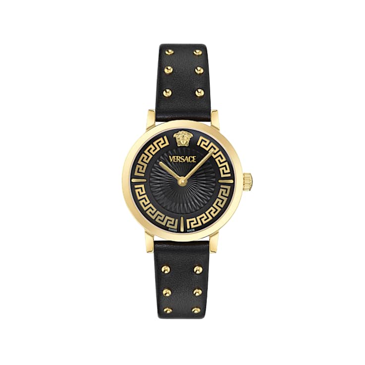 Greca Fortuna Black Dial Leather Strap Watch