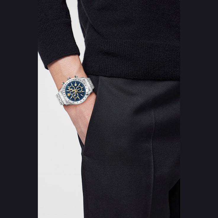 Versace Chrono Master Mens Watch Stainless Steel Case and Bracelet Blue
Guilloché Dial