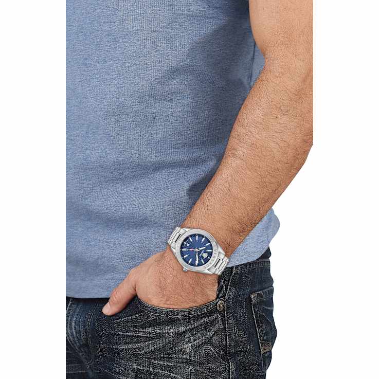 V-Code GMT Blue Sunray Dial Stainless Steel Bracelet Watch