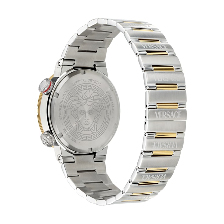 Greca Logo Mens Watch Two Tone Case Green Guilloché Dial Two Tone Bracelet