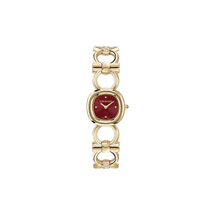 Double Gancini Burgundy Dial Yellow Stainless Steel Bracelet Watch