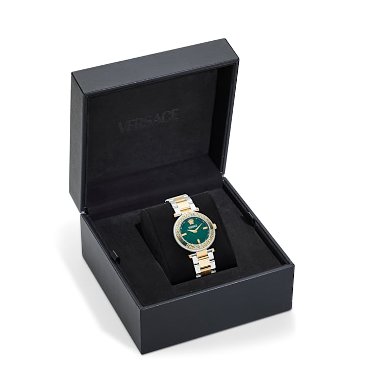 Versace Reve Womens Watch Two Tone Case Green Guilloché Dial Two Tone Bracelet