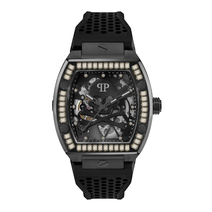 当季大流行 Philipp Strap Silicone Black Bezel Black $keleton The Plein 時計