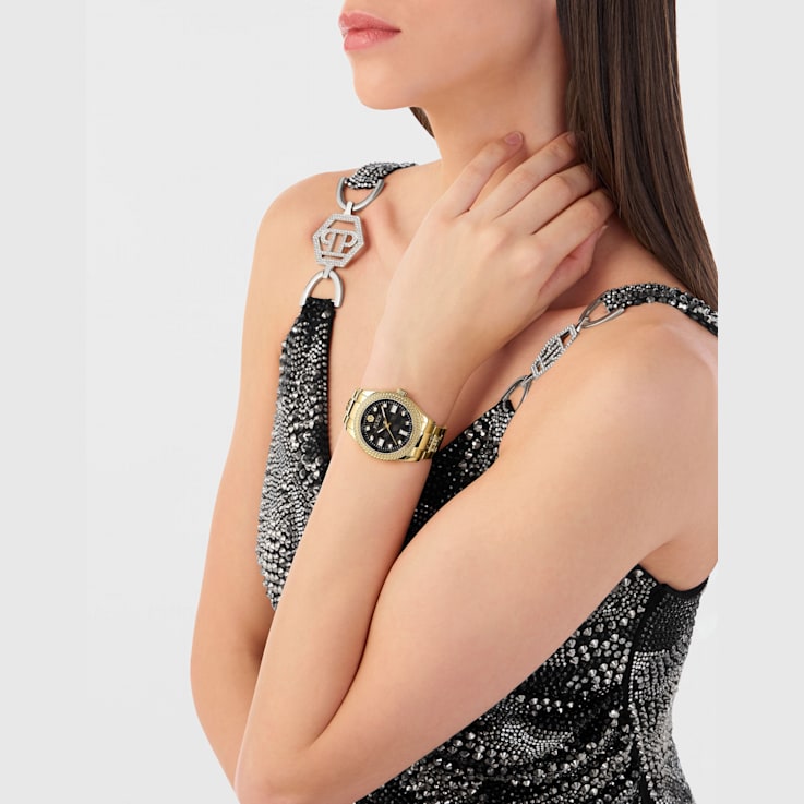 Queen Crystal Black Dial IP Yellow Bracelet Watch