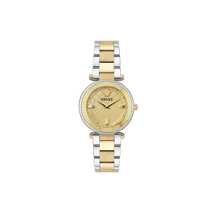 Versace Reve Womens Watch Two Tone Case Gold Guilloché Dial Two Tone Bracelet