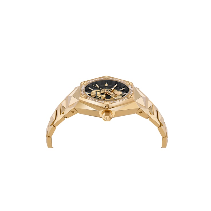 The $kull Spikes Crystal Black Dial IP Yellow Bracelet Watch