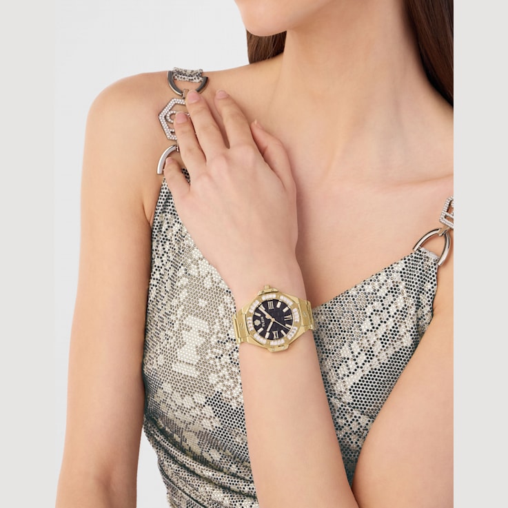 Plein Lady Royal Crystal Black Dial IP Yellow Bracelet Watch