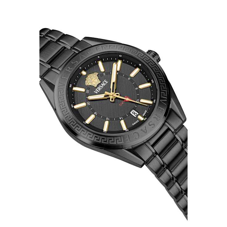 V-Code GMT Black Sunray Dial Black Stainless Steel Bracelet Watch