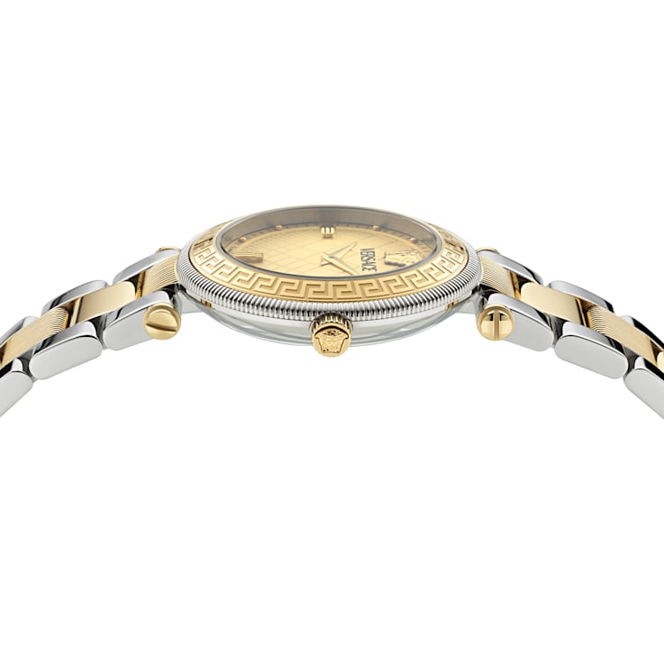 Versace Reve Womens Watch Two Tone Case Gold Guilloché Dial Two Tone Bracelet