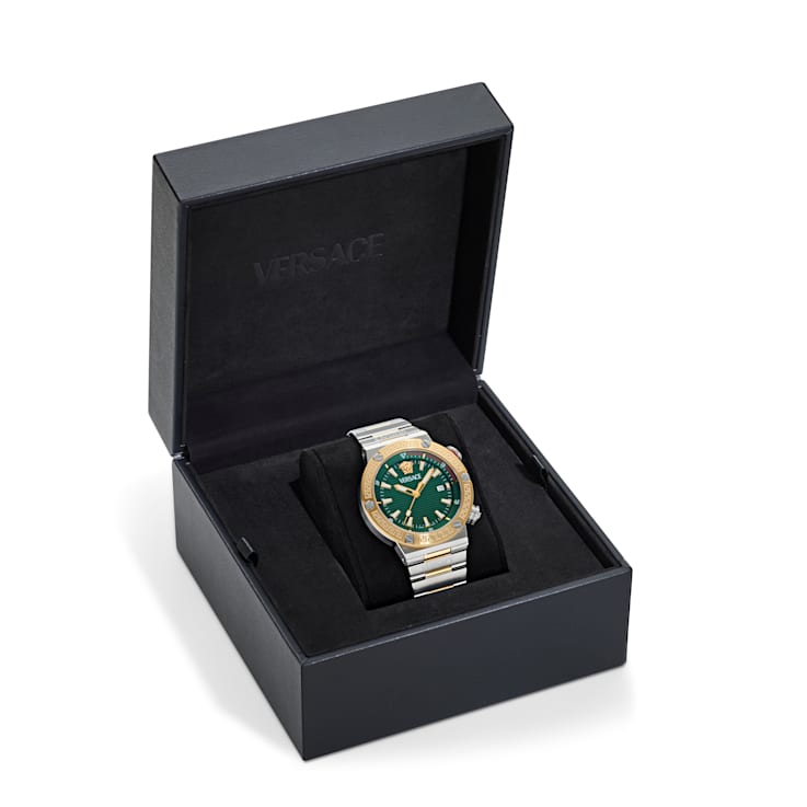 Greca Logo Mens Watch Two Tone Case Green Guilloché Dial Two Tone Bracelet