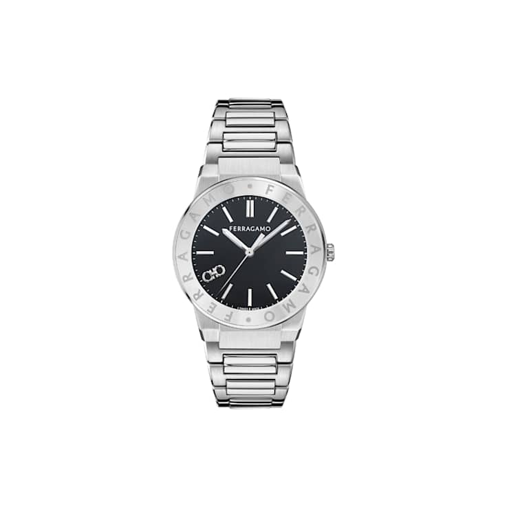 Ferragamo Sapphire Logo Black Matte Dial Stainless Steel Bracelet Watch
