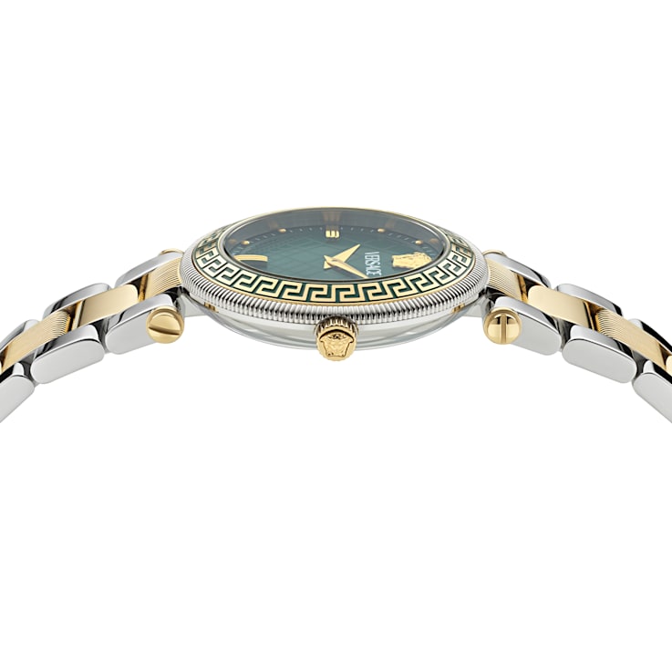 Versace Reve Womens Watch Two Tone Case Green Guilloché Dial Two Tone Bracelet