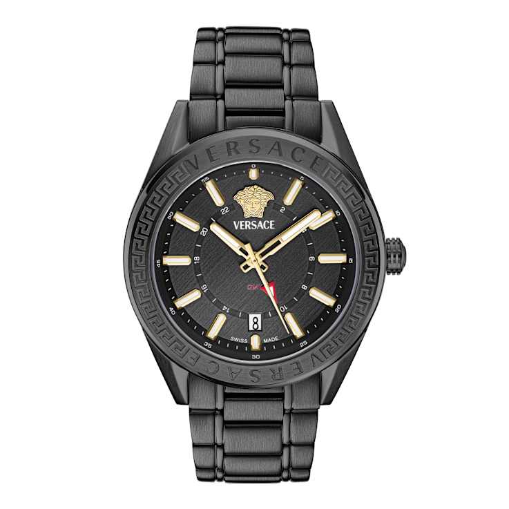 V-Code GMT Black Sunray Dial Black Stainless Steel Bracelet Watch