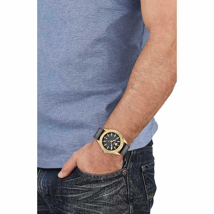 V-Code GMT Black Sunray Dial Leather Strap Watch