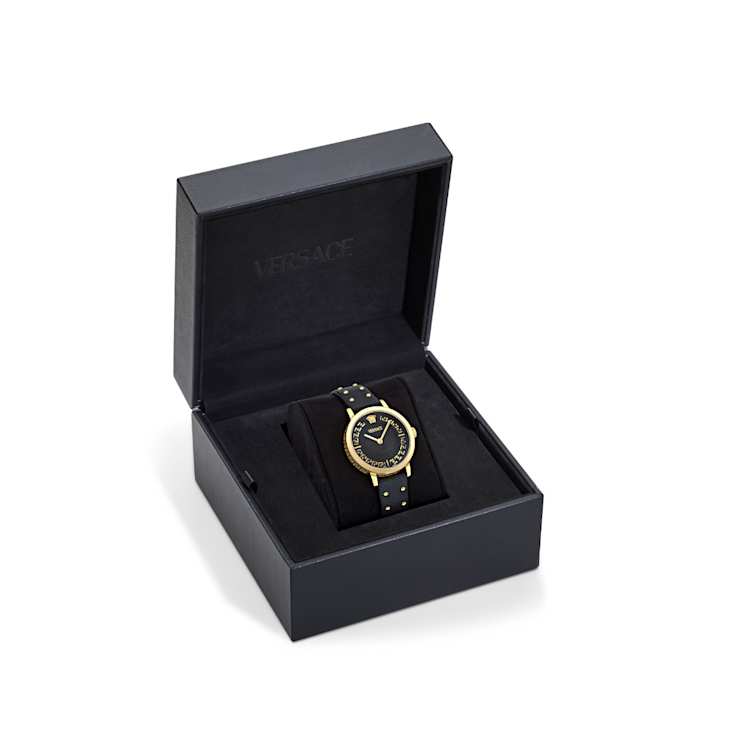 Greca Fortuna Black Dial Leather Strap Watch
