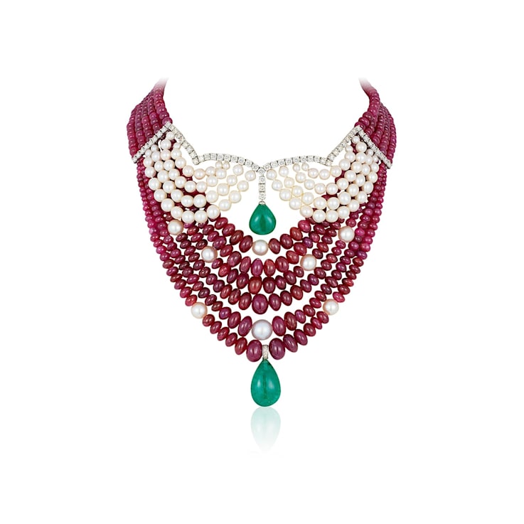 Andreoli Ruby Beads Emerald And Pearl Statement Necklace 181RJA