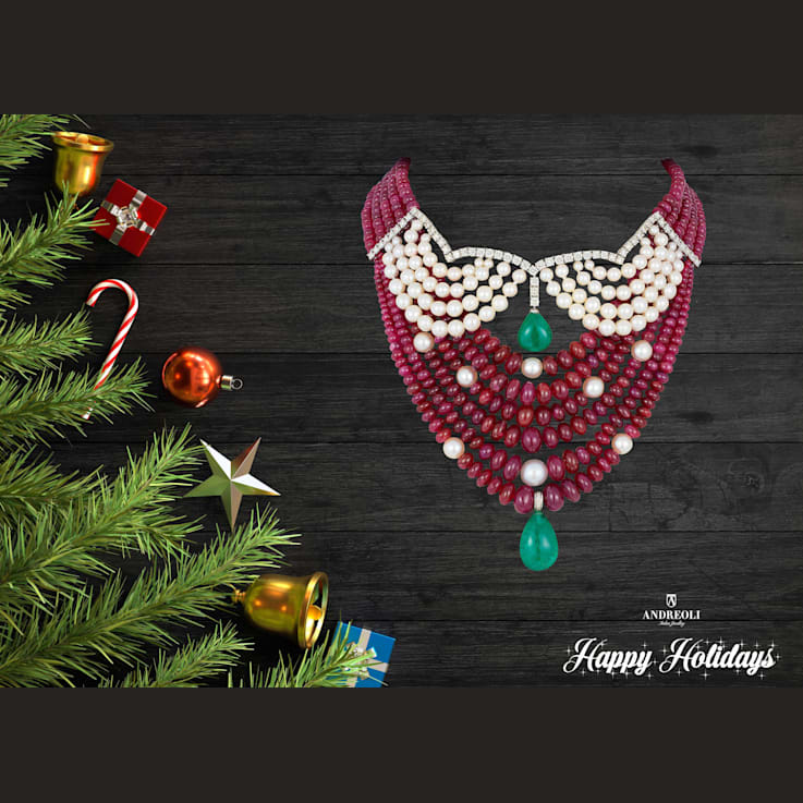 Andreoli Ruby Beads, Emerald, And Pearl Statement Necklace