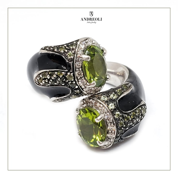 Andreoli Black Enamel Peridot And Diamond Ring