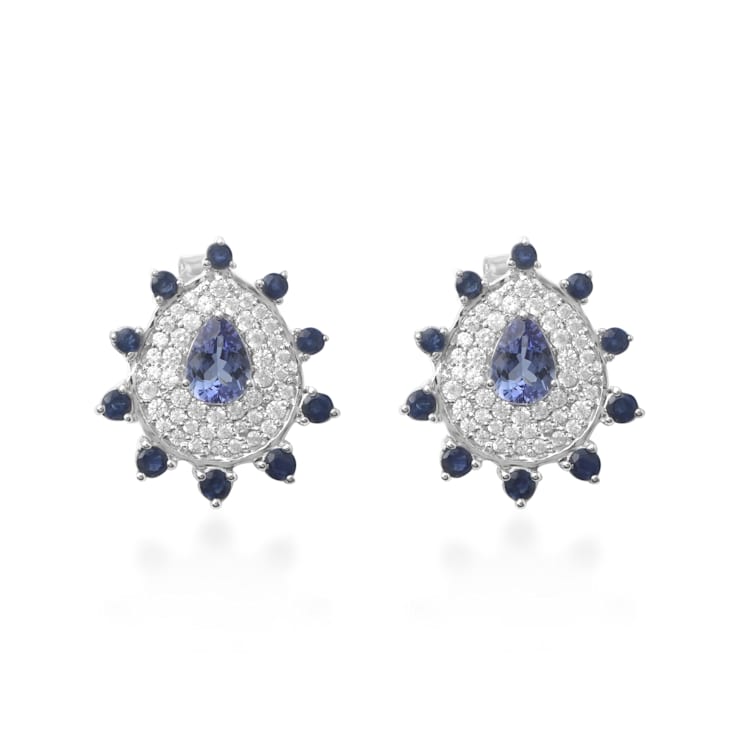 Sterling Silver Tanzanite,Blue Sapphire And Natural Zircon Studs 4.45ctw