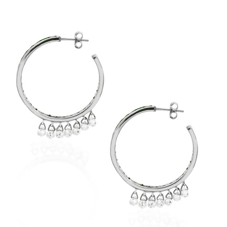 Sterling Silver Tsavorite And Crystal Drops Hoops 10.38ctw