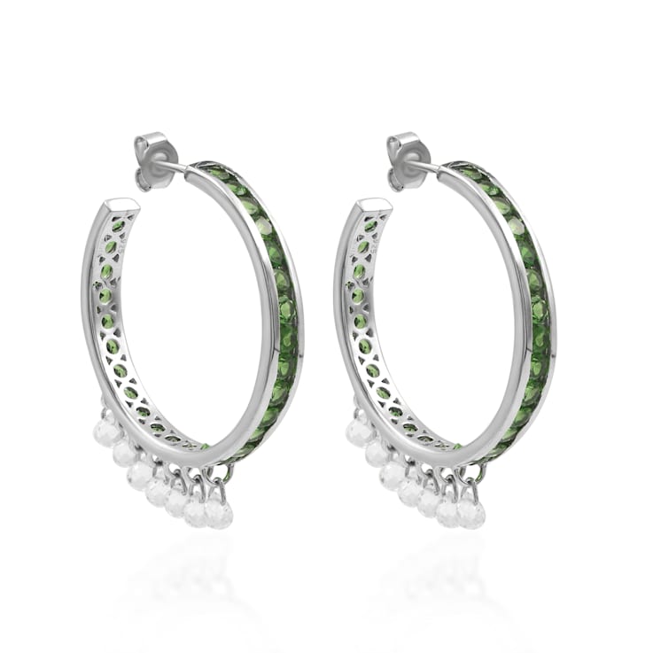 Sterling Silver Tsavorite And Crystal Drops Hoops 10.38ctw