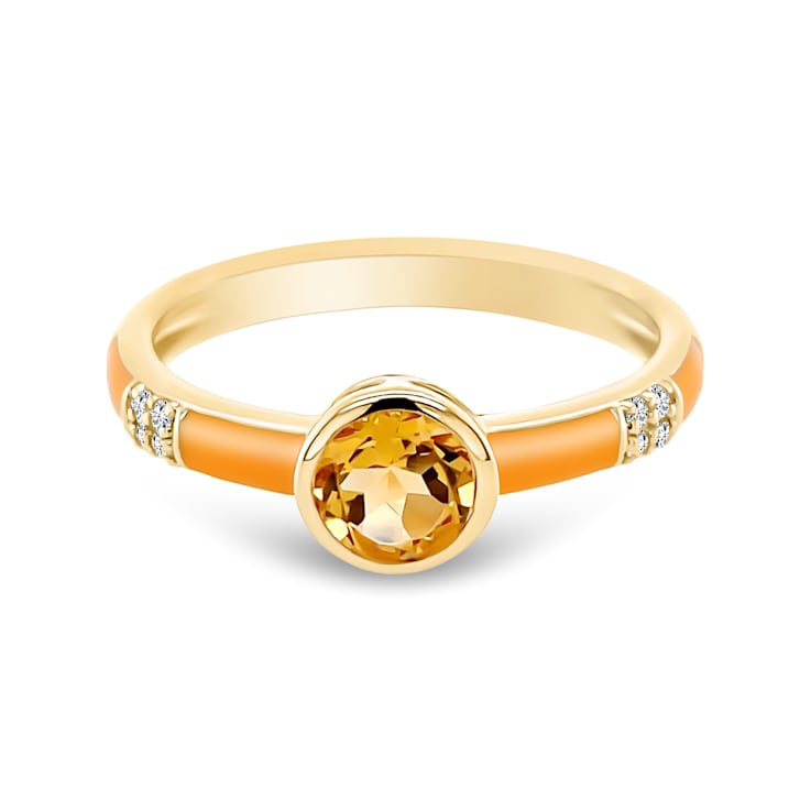 14K Yellow Gold Enamel Ring with  Citrine and Diamond