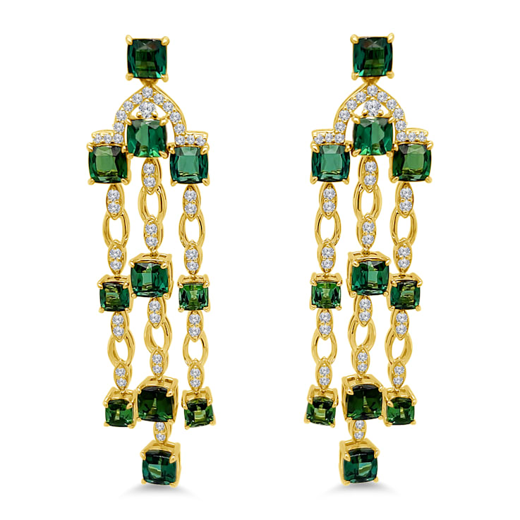 18K Yellow Gold Green Tourmaline and Diamond Dangle Earrings 1.21ctw