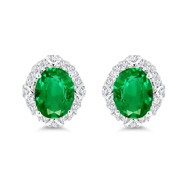 14K White Gold Emerald and White Diamond Earrings