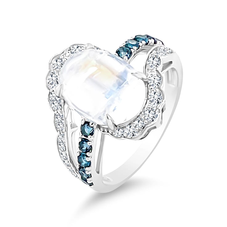 18K White Gold Moonstone, London Blue Topaz, and Diamond Ring 4.39ctw