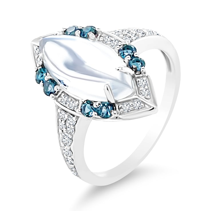 18K White Gold Moonstone, London Blue Topaz, and Diamond Ring 3.42ctw