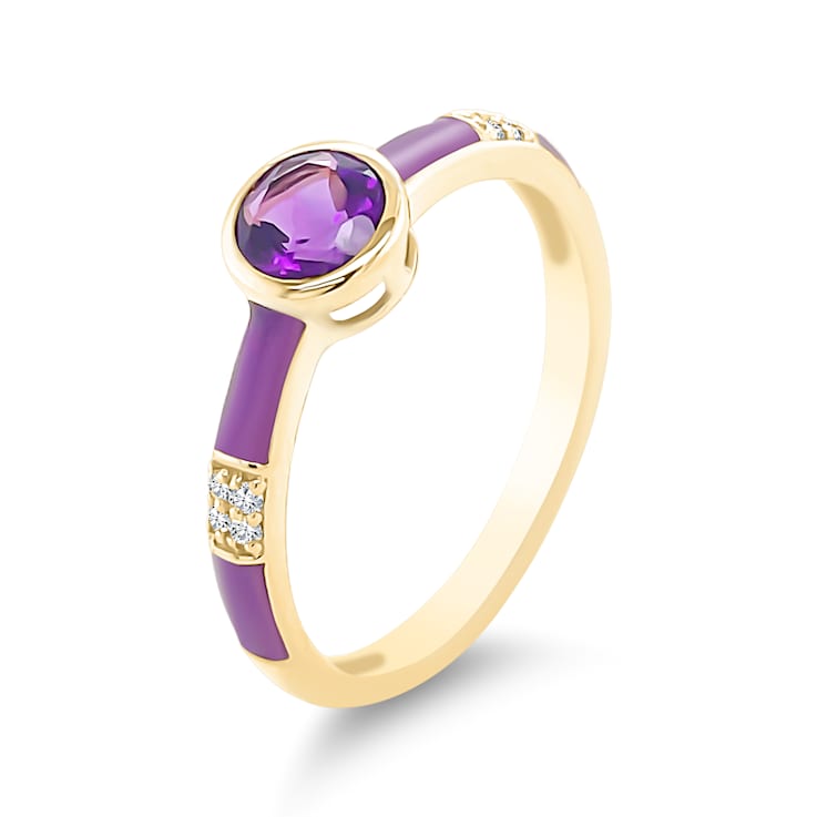 14K Yellow Gold Enamel Ring with Amethyst and Diamond