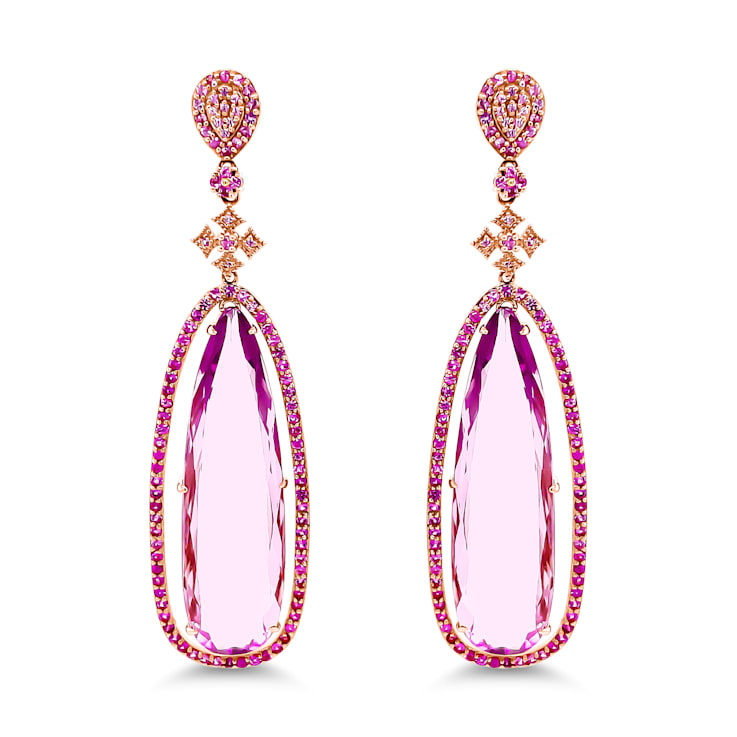 14K Rose Gold Kunzite and Pink Sapphire Dangle Earrings