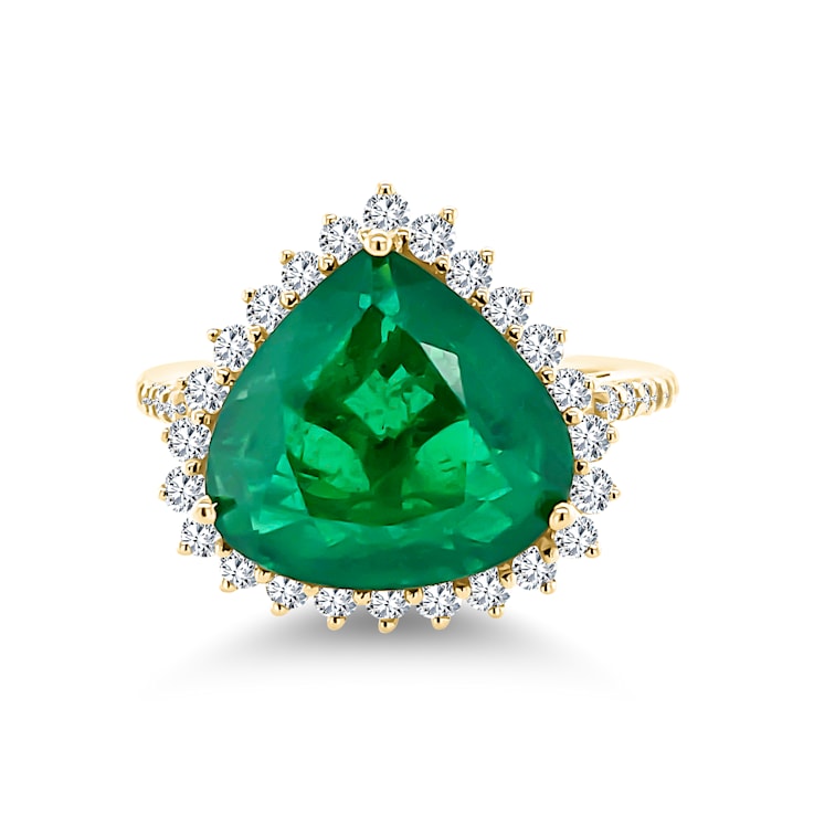 14K Yellow Gold 5.17ct Emerald Ring with Diamond Halo and Studded Band