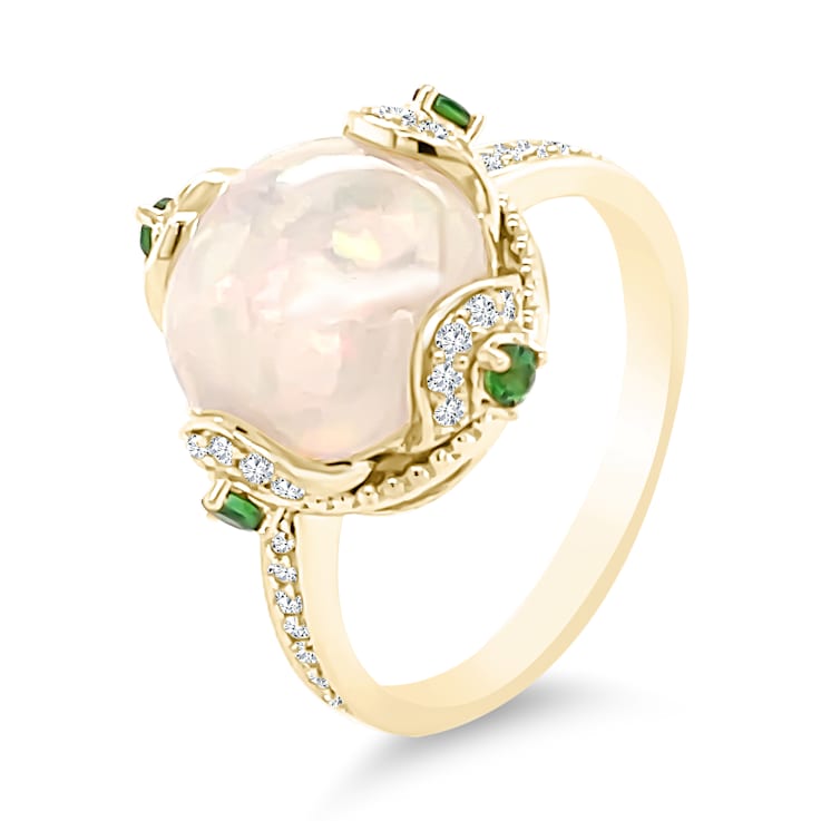 18K Yellow Gold Ethiopian Opal, Tsavorite, and Diamond Ring