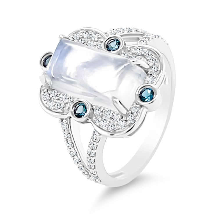18K White Gold Moonstone, London Blue Topaz, and Diamond Ring 4.97ctw
