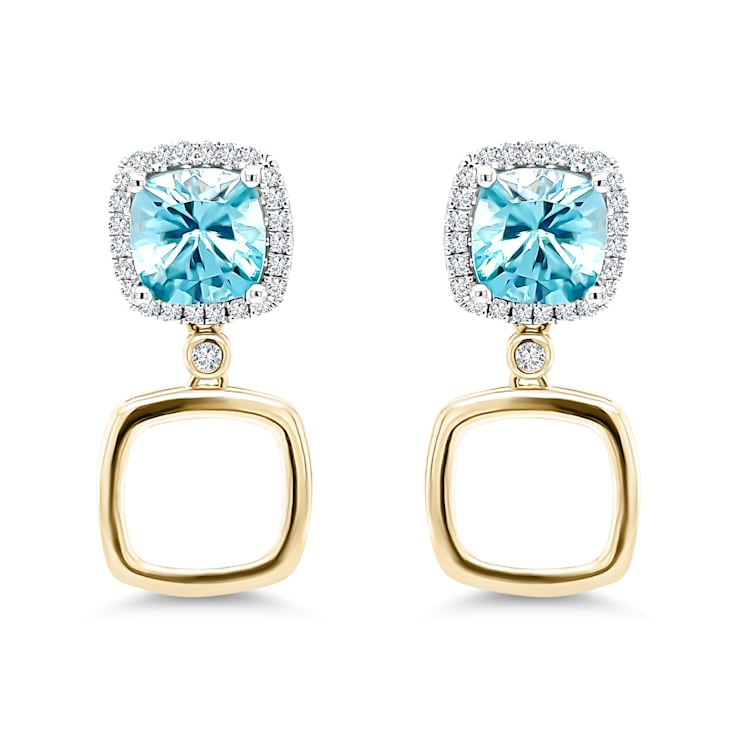 18K Yellow Gold Blue Zircon and Diamond Earrings 4.40ctw