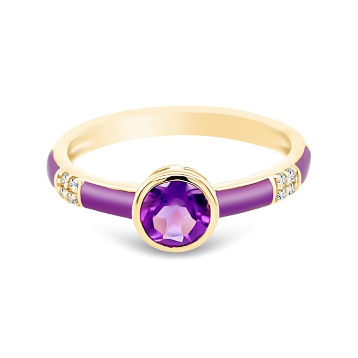14K Yellow Gold Enamel Ring with Amethyst and Diamond
