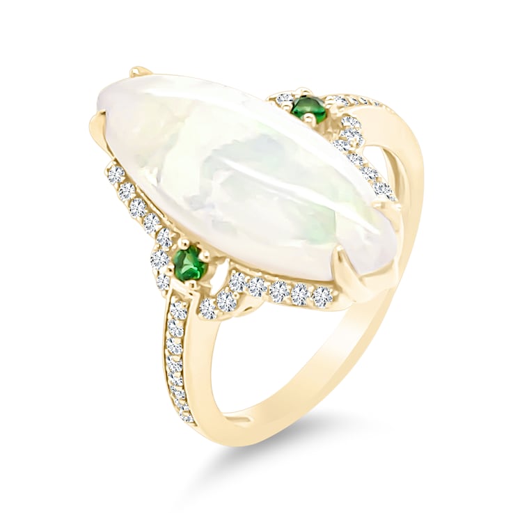 18K Yellow Gold Ethiopian Opal, Tsavorite, and Diamond Ring 4.43ctw