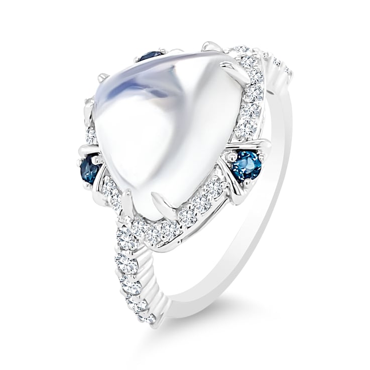 18K White Gold Moonstone, London Blue Topaz, and Diamond Ring 5.24ctw
