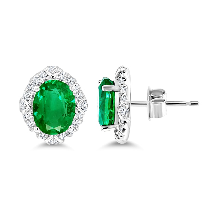 14K White Gold Emerald and White Diamond Earrings