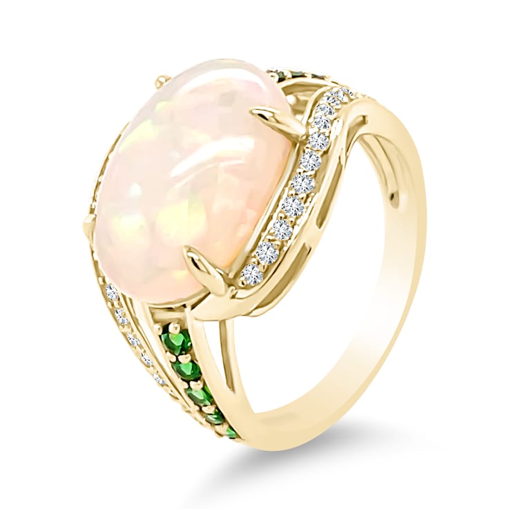 18K Yellow Gold Ethiopian Opal, Tsavorite, and Diamond Ring 4.33ctw