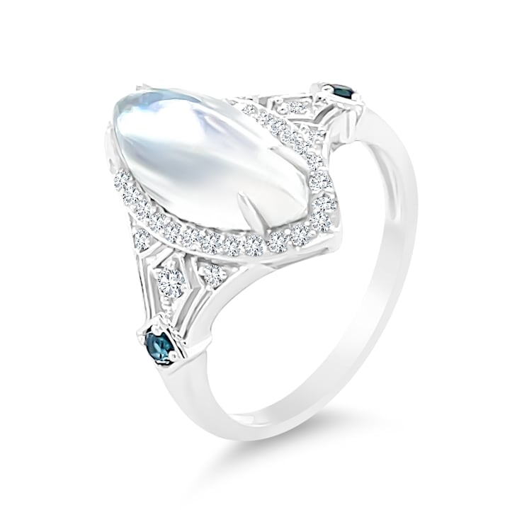 18K White Gold Moonstone, London Blue Topaz, and Diamond Ring 3.70ctw