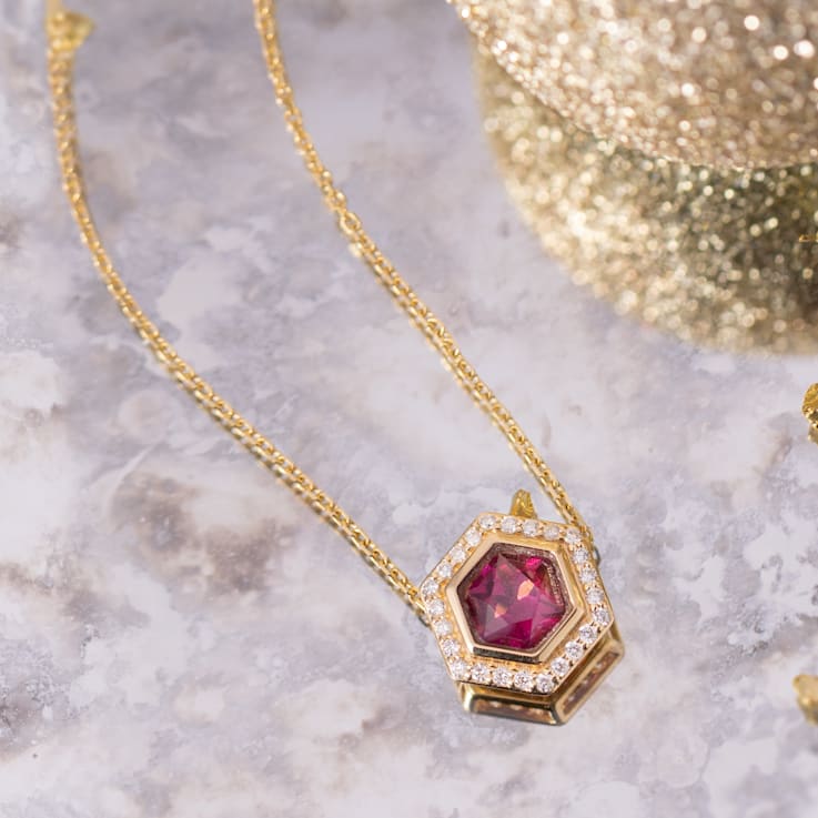 18K Yellow Gold Rhodolite and Diamond Pendant with Chain 1.12ctw