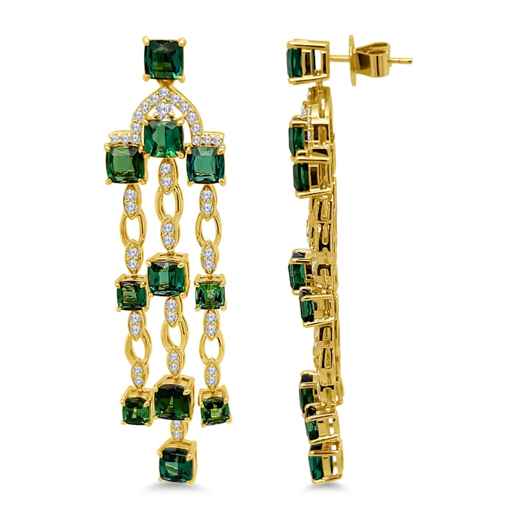 18K Yellow Gold Green Tourmaline and Diamond Dangle Earrings 1.21ctw