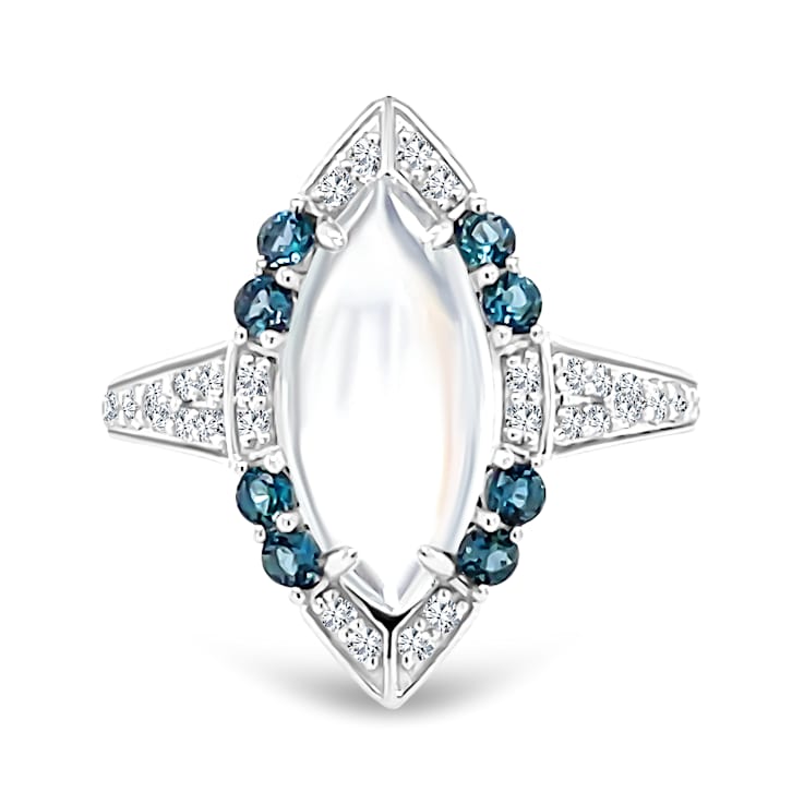 18K White Gold Moonstone, London Blue Topaz, and Diamond Ring 3.42ctw