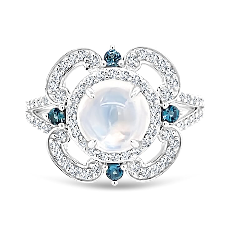 18K White Gold Moonstone, London Blue Topaz, and Diamond Ring 2.69ctw