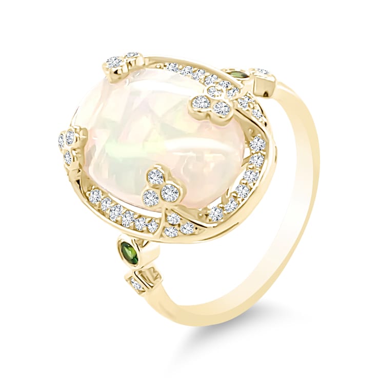18K Yellow Gold Ethiopian Opal, Tsavorite, and Diamond Ring 4.29ctw