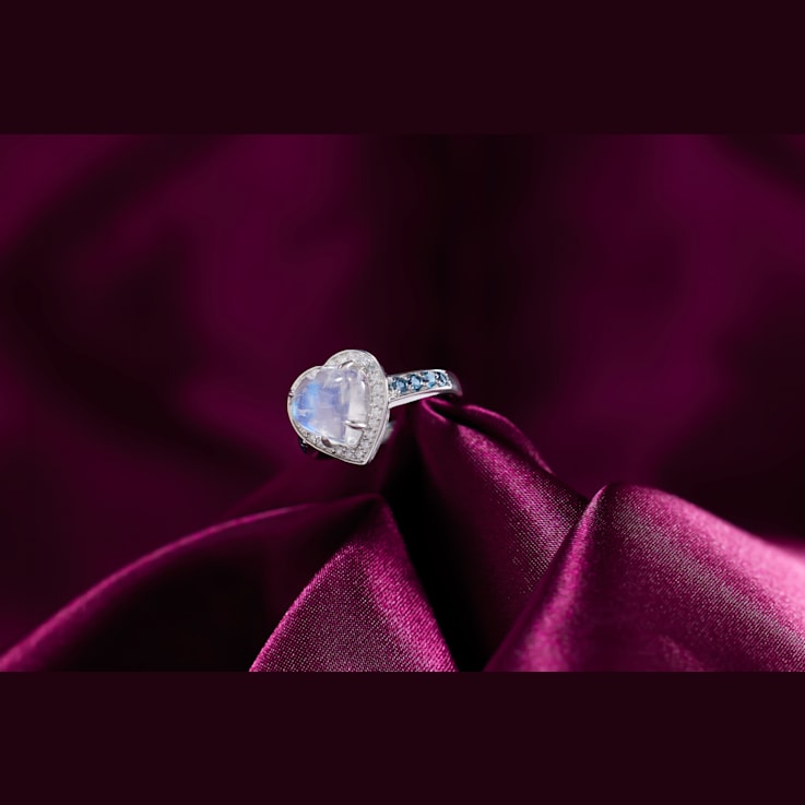 18K White Gold Moonstone, London Blue Topaz, and Diamond Ring 4.40ctw